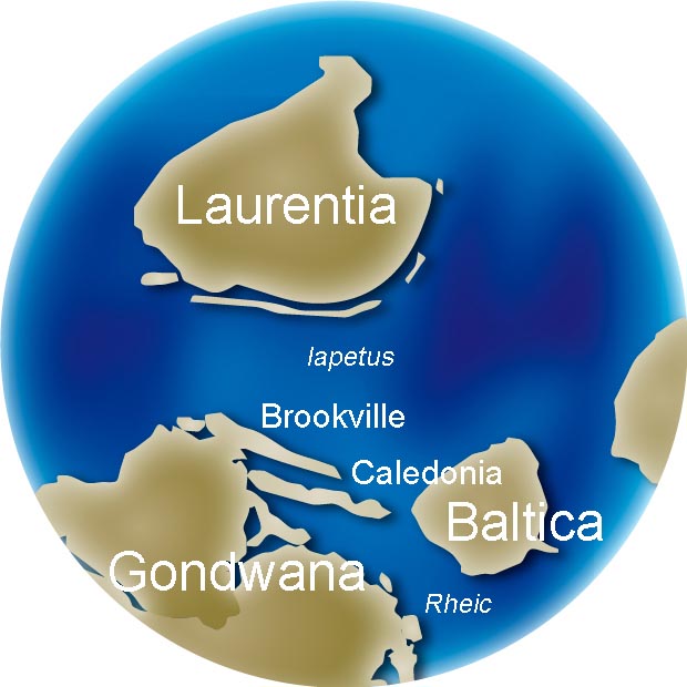 Colour image of globe showing changing position of continents Gondwana, Baltica, Laurentia, Brookville, Caledonia