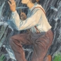 Colour image of young man and hammer discovering trilobite fossil