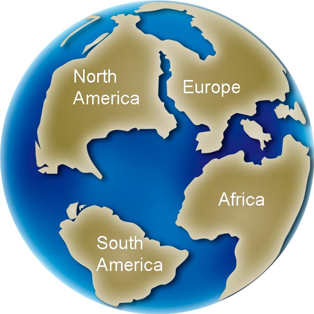 Colour image of globe showing changing position of continents, North America, South America, Europe and Africa