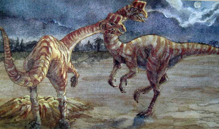 Watercolour painting of a two dinosaurs with the moon in the background