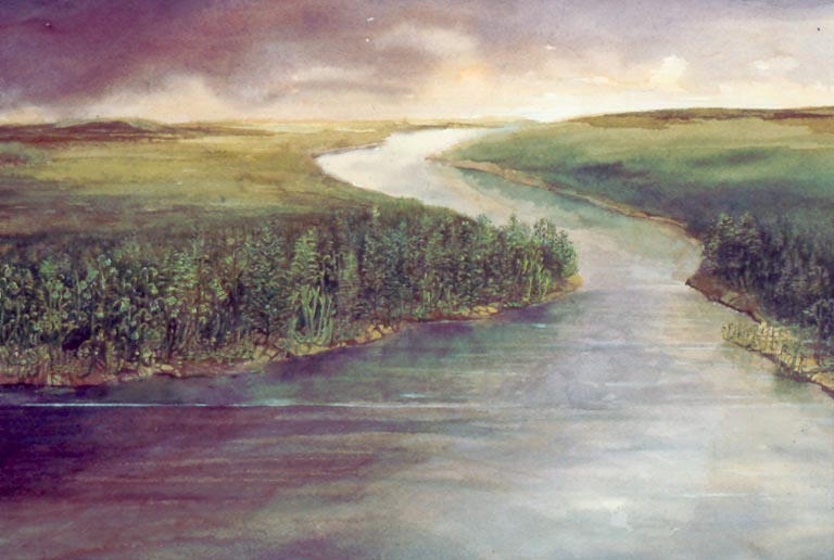 Colour image of river valley with trees and grass
