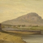 Peinture à l'huile illustrant une petite maison près d’une rivière, une grosse montagne en arrière-plan