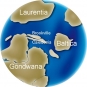 Colour image of globe showing changing position of continents Gondwana, Baltica, Laurentia, Brookville, Caledonia