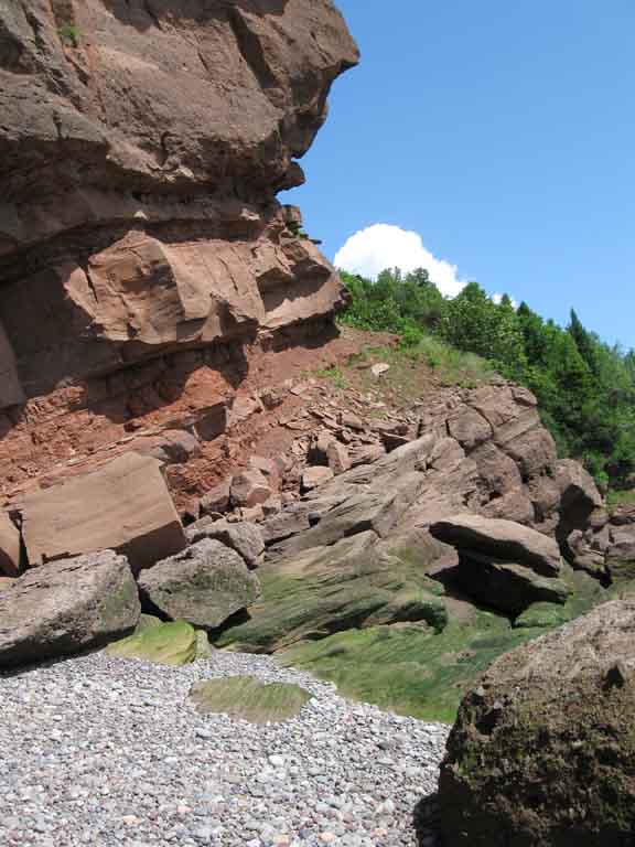 Colour photograph of a red rock cliff with large blocks of rock near the bottom