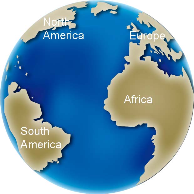 Colour image of globe showing changing position of continents, North America, South America, Europe and Africa