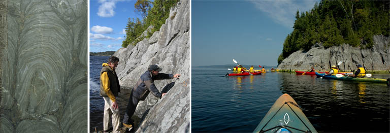 Triple colour image of gray rock with curved fossils, two men examining rocks and a group of kayaks