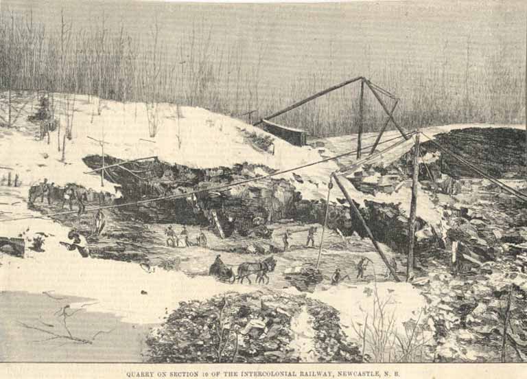 Black and white drawing of an old quarry with men working and wooden cranes