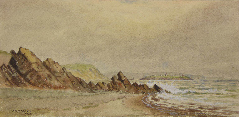 Watercolour painting of a shoreline with rocks layers exposed on the shore