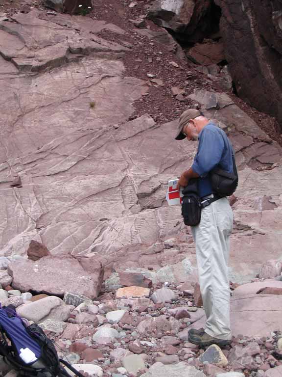 Colour photograph of a man standing with a notepad in front of pink rocks